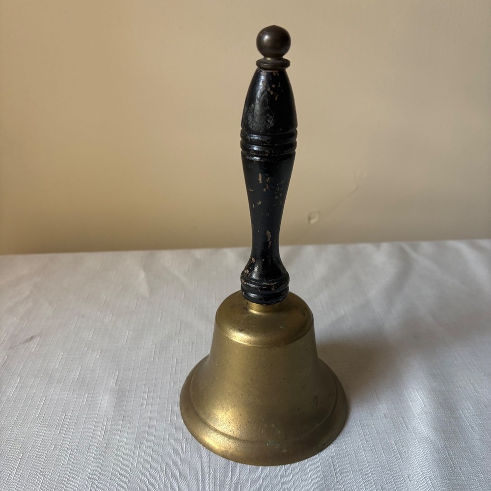 Vintage Brass School Hand Bell Black Turned Wood Handle Antique Style 8.5 Inch